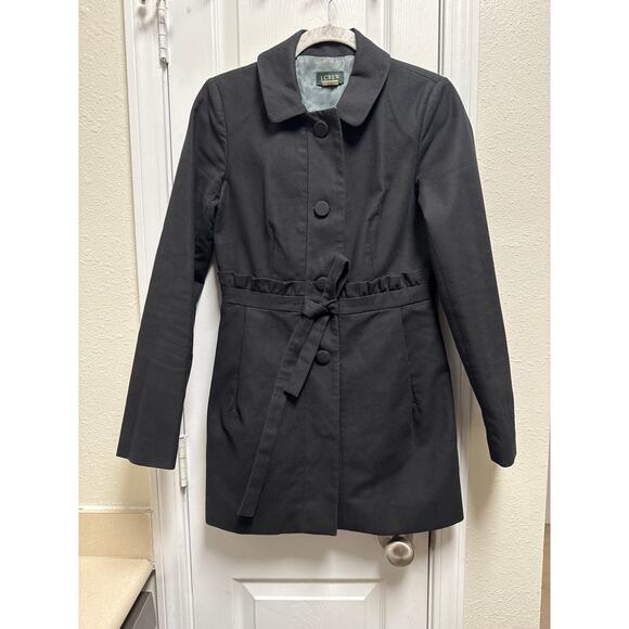 J. Crew Black Cotton Ruffle Gamine Tie Waist Fitted Peacoat Midi Jacket Size 2 - Picture 2 of 8